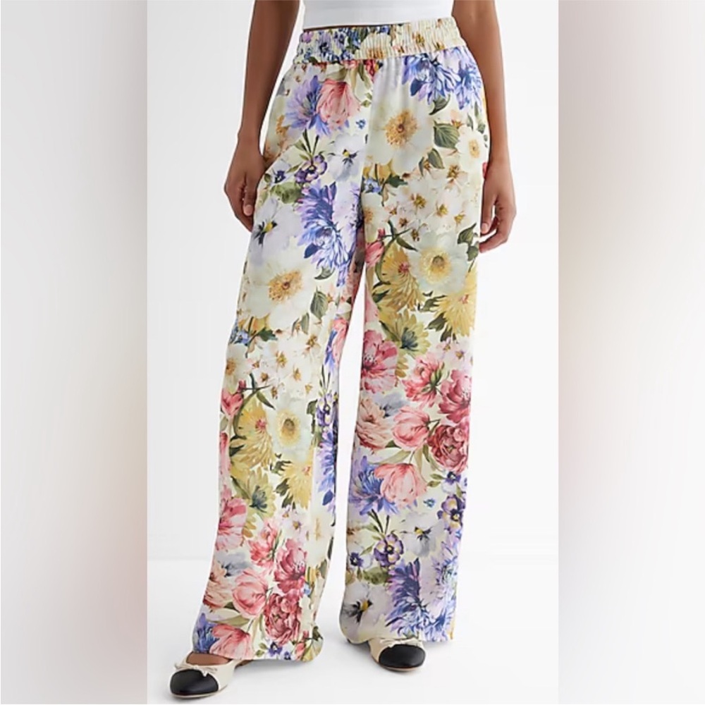 Express Floral Wide-Leg Palazzo Pants - White Multicolor